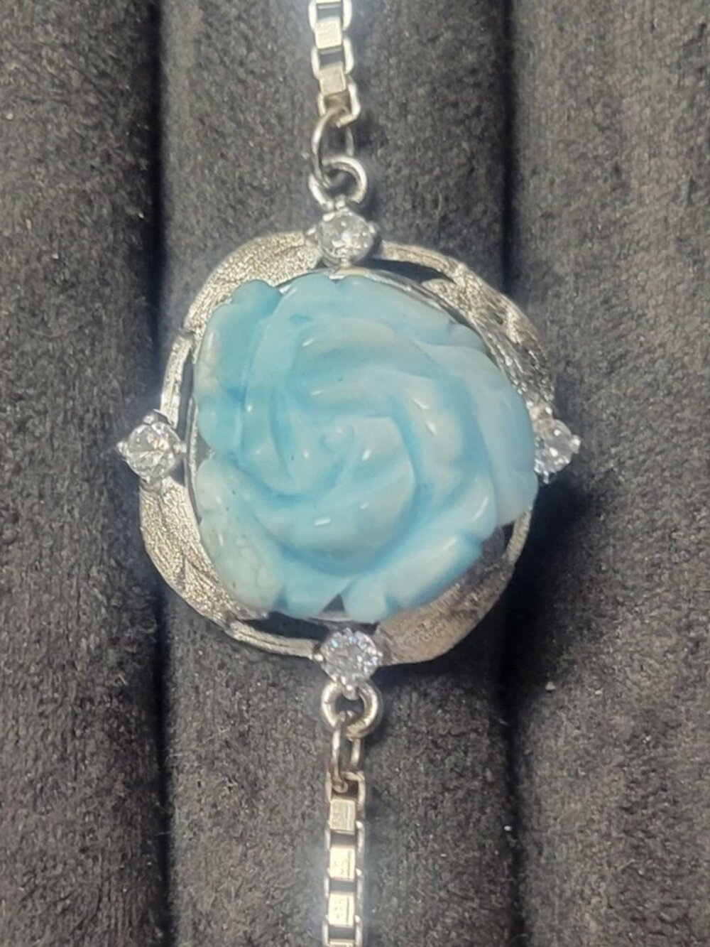 Solid Sterling Silver 16mm Natural Flower Carved Larimar Bracelet